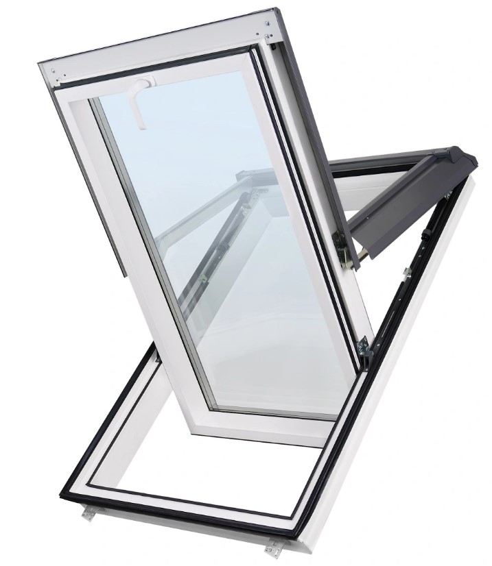 Plastové střešní okno SUPRO Triple Termo &quot;bílá&quot; - šedé oplechování (7043), 55cm x 78cm